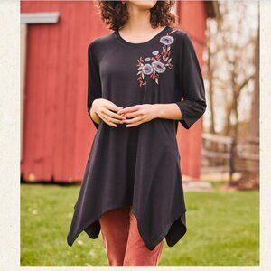 April Cornell XXS Simone Jersey Tunic - Black with floral embroidery